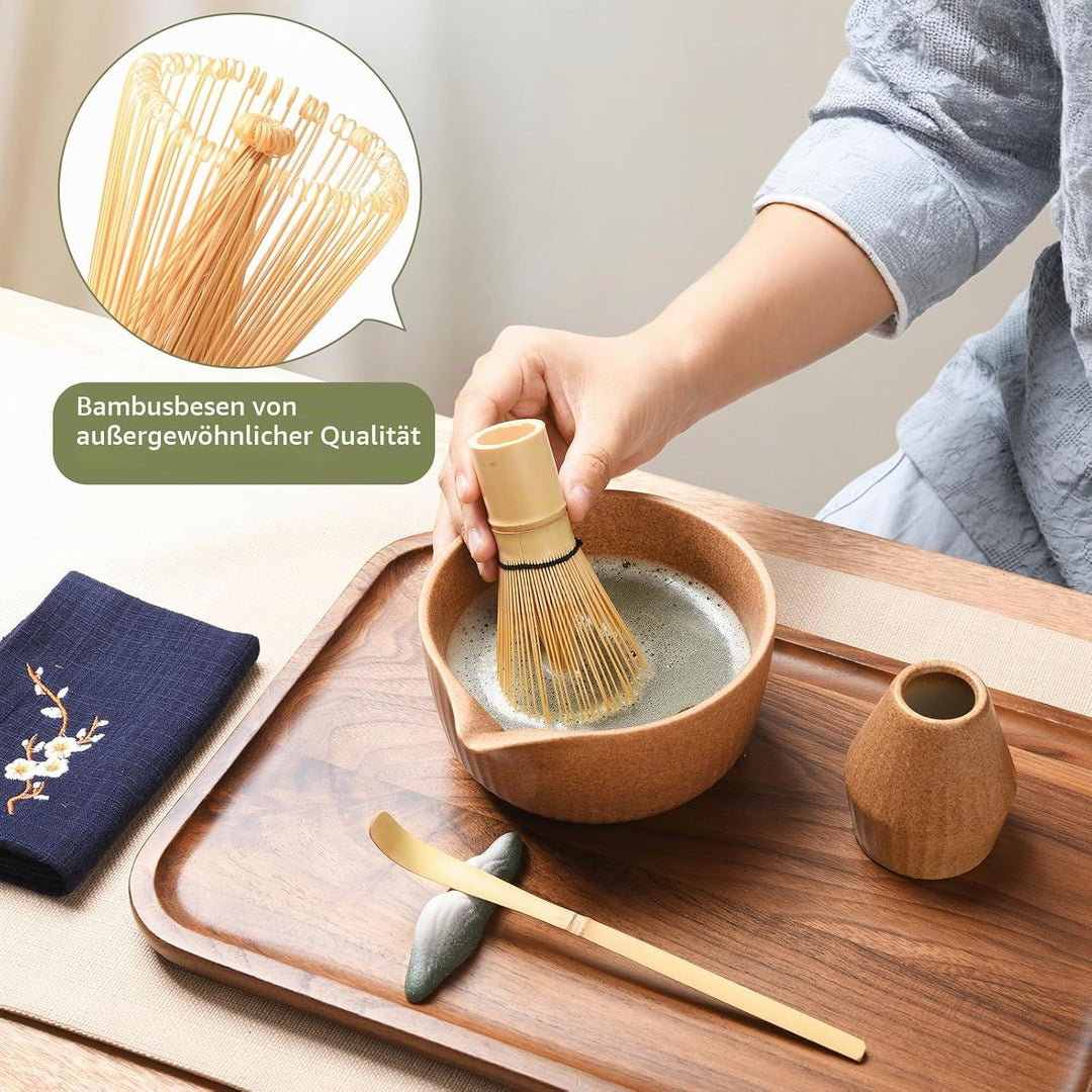 Matcha Set Premium 7-teilig Keramik: Matcha Schale, Bambus Besen (Chasen),Teebesenbasis，Teelöffel, S