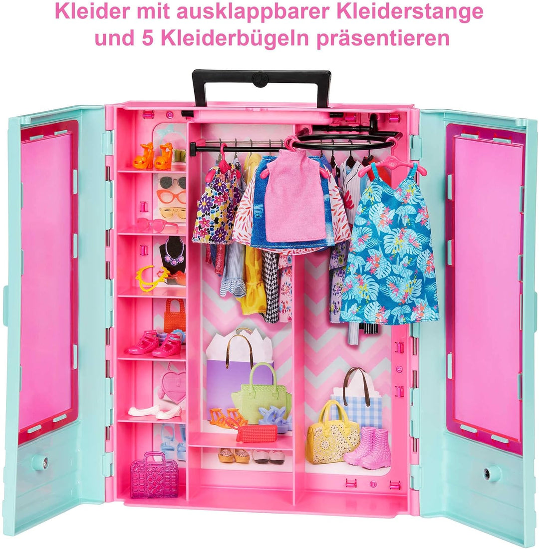 Barbie Kleiderschrank mit Kleidung und Accessoires, Garderobenschrank mit Falttüren und Tragegriff,