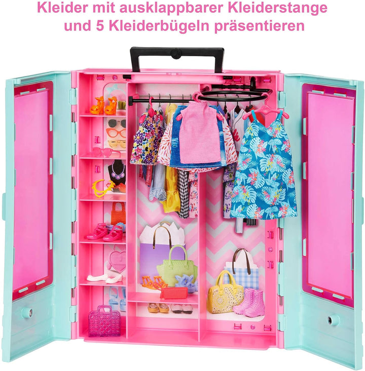 Barbie Kleiderschrank mit Kleidung und Accessoires, Garderobenschrank mit Falttüren und Tragegriff,