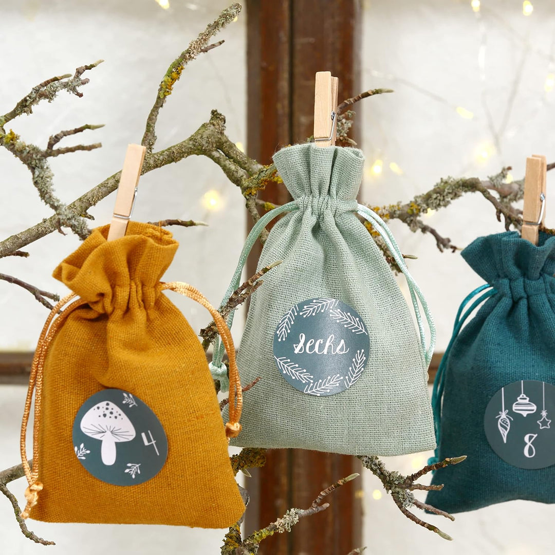 Papierdrachen 24 Adventskalender Stoffsäckchen zum Befüllen - mit Zahlenaufklebern von 1-24 - Stoffb