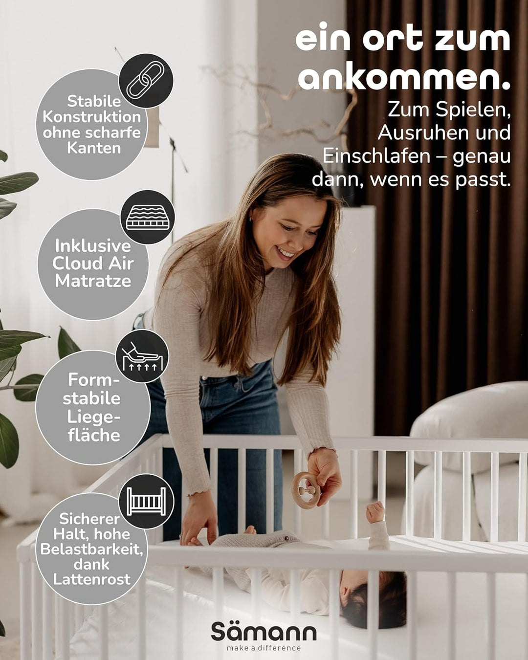 Sämann Laufstall Baby mit Matratze Cloud Air & Lattenrost | stufenlos höhenverstellbar | Laufgitter