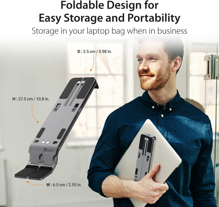 j5create Laptop-Ständer mit USB Hub- Faltbarer Aluminium-, tragbarer Laptop-Ständer mit 4 USB3.2-Ans