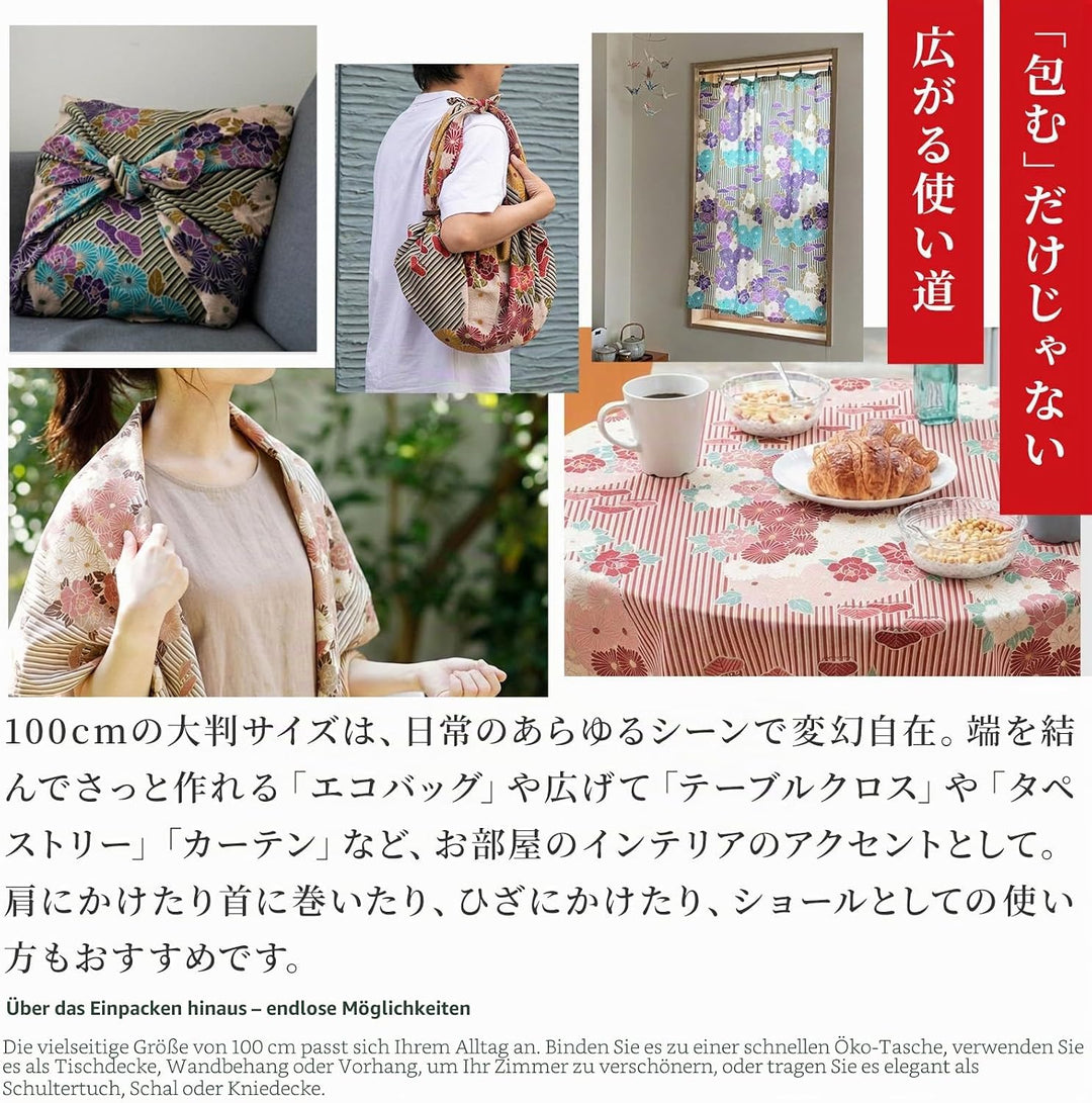 NOREN Japanisch Furoshiki Tuch Retro Blume Grosse 100×100 cm Made in Japan 100% Baumwolle Kissenbezu