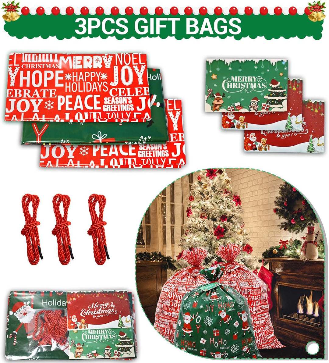 ROSAUI Weihnachtstüten gross, 3 Stück Geschenktüten Weihnachten mit Karten, grosser 90cmx112cm, Weih