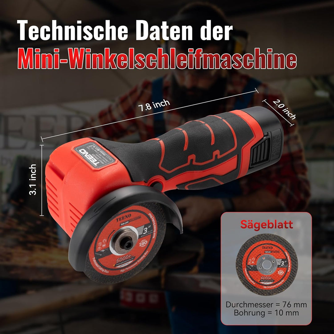 Winkelschleifer TEENO 19.500 U/min – kabellose Schleifmaschine, 76 mm, Komplettset mit 2 Akkus 2000