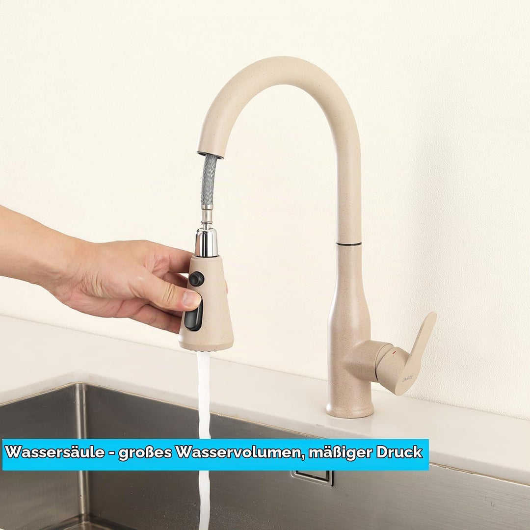 ONECE Küchenarmatur Weizenfarbe mit ausziehbar Brause 3 Duschmodi, Hochdruck Wasserhahn Küche Spülti