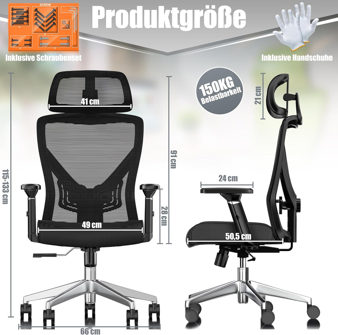KESSER® Bürostuhl Ergonomisch mit verstellbaren Armlehnen | Drehstuhl mit Lendenwirbelstütze Rückens