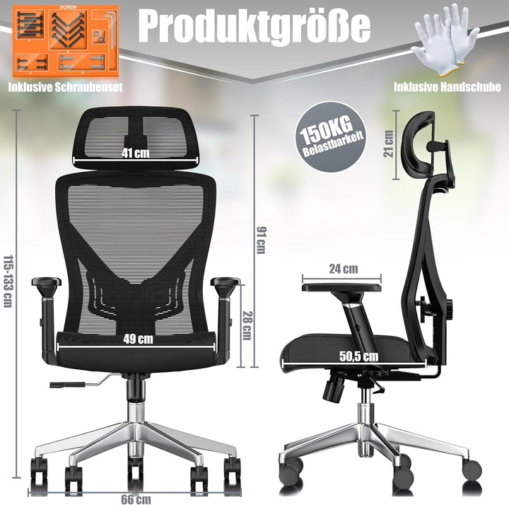KESSER® Bürostuhl Ergonomisch mit verstellbaren Armlehnen | Drehstuhl mit Lendenwirbelstütze Rückens