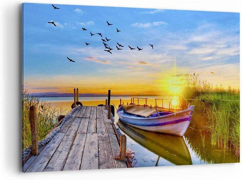 Bilder auf Leinwand 100x70cm Leinwandbild mit Rahmen See Boot Wasser Gross Wanddeko Bild Schlafzimme