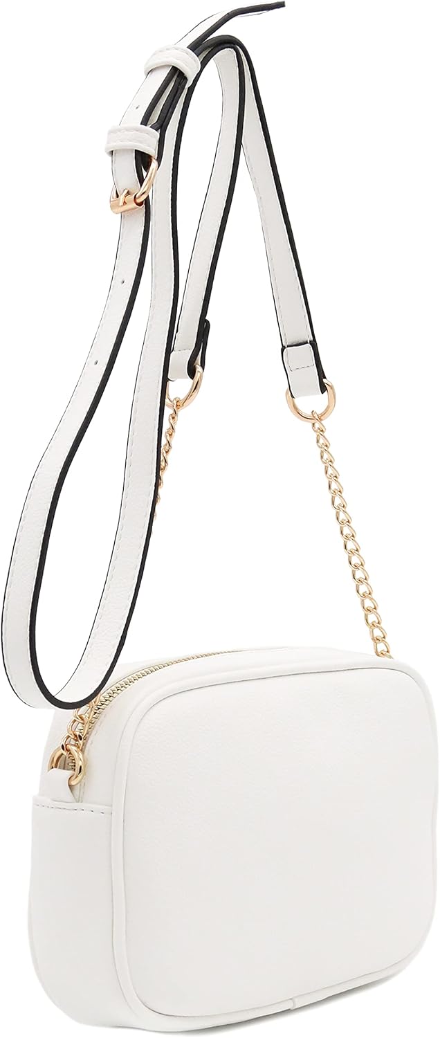 FashionPuzzle Chevron gesteppte Crossbody-Kameratasche mit Kettenriemen und Quaste Weiss/Opulenter G
