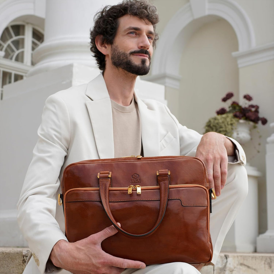 Time Resistance Aktentasche Leder Laptoptasche mit Schultergurt - Handgefertigt in Italien - Arbeits