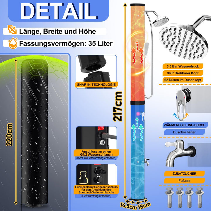 Herrselsam Solardusche 35L Solar Gartendusche warmes Wasser Bis Zu 60°C Ohne Stromanschluss Pooldusc