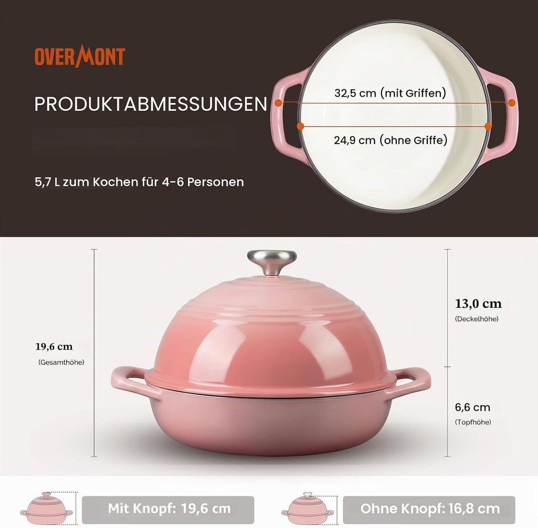 Overmont Gusseisen Topf Emaille Brotbacktopf - 5.7L Bräter Schmortopf mit Deckel und Kochbuch – für