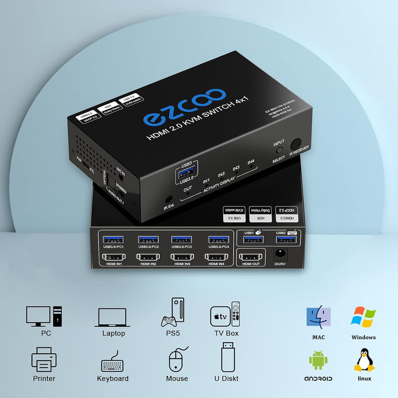 USB3.0 HDMI KVM Switch 4 Port 4 In 1 Out 4K 60Hz 4 In 4 Out SPDIF 5.1 Audio Breakout Mouse/Keyboard/