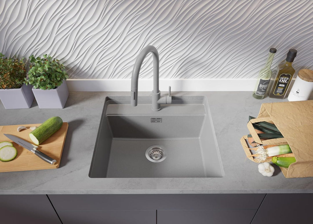 Unterbauspüle Granit Grau 56x53cm, Spülbecken 1 Becken + Ablauf-Set + Küchenarmatur + Schneidebrett,