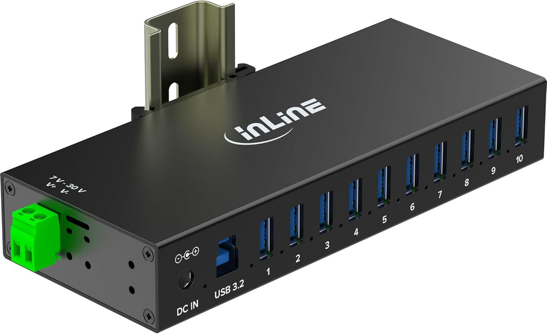 Inline USB 3.2 Gen.1 Industrie-Hub mit 10 Ports, Aluminiumgehäuse, DIN-Schienen-Montage, aktiver USB