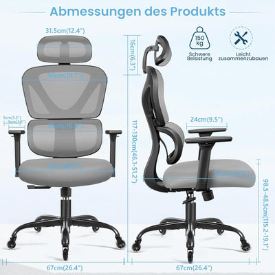 KERDOM Bürostuhl Ergonomischer Schreibtischstuhl,mit Verstellbarer Kopfstütze, Armlehnen, Lendenwirb