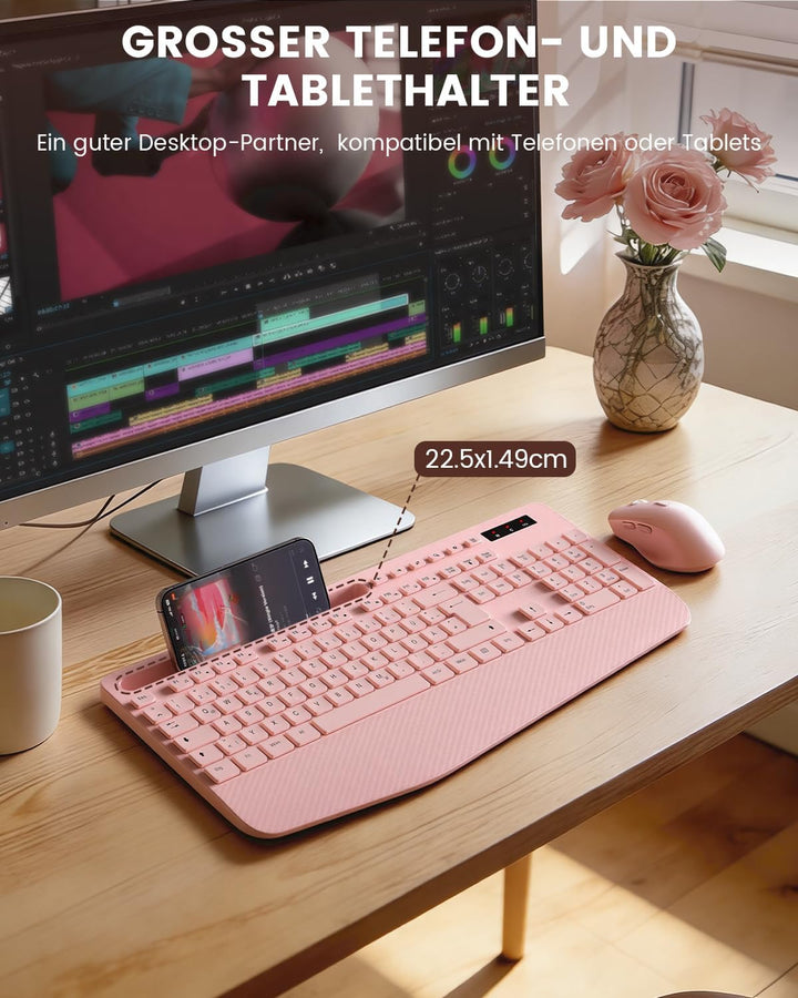 Tastatur Maus Set kabellos, 2.4G keine Latenz Ergonomische Tastatur kabellos Set, Handballenauflage,