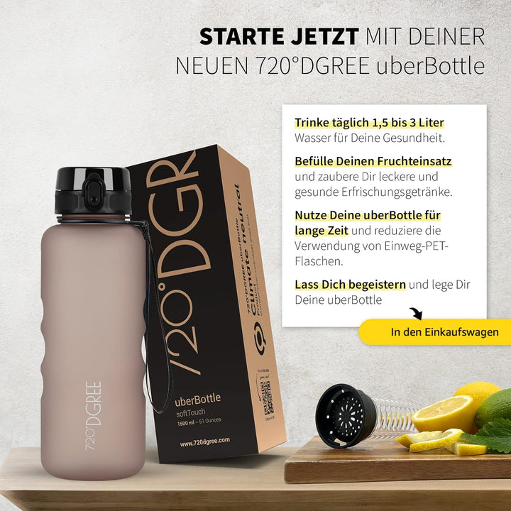 720°DGREE Trinkflasche 1,5l “uberBottle“ +Früchtebehälter - BPA-Frei, Auslaufsicher - Wasserflasche