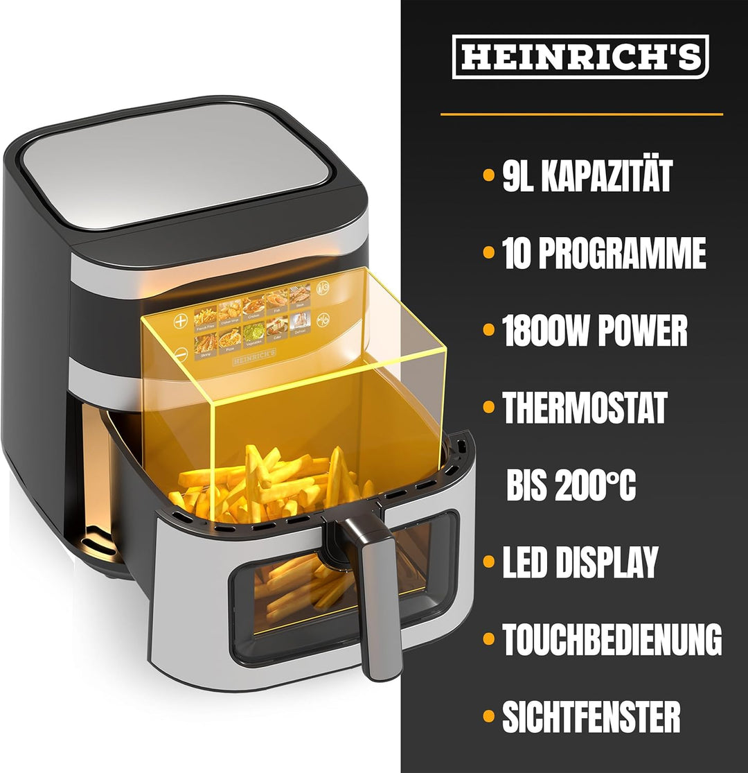 HEINRICHS Heissluftfritteuse, 9 Liter XXL Air Fryer, 10in1 Heissluftfritteuse, LED-Display mit Senso
