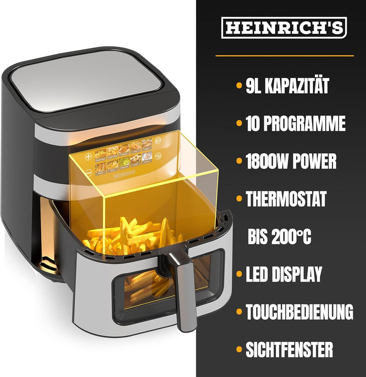 HEINRICHS Heissluftfritteuse, 9 Liter XXL Air Fryer, 10in1 Heissluftfritteuse, LED-Display mit Senso