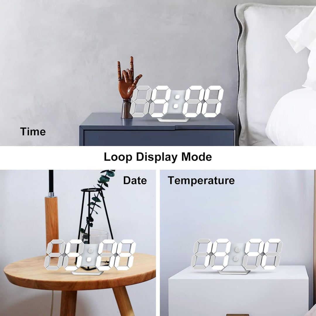 Deeyaple LED Wanduhr Digital Wecker 3D Uhr Dimmbar Snooze Modern USB 12/24Stunden Datum Temperaturan