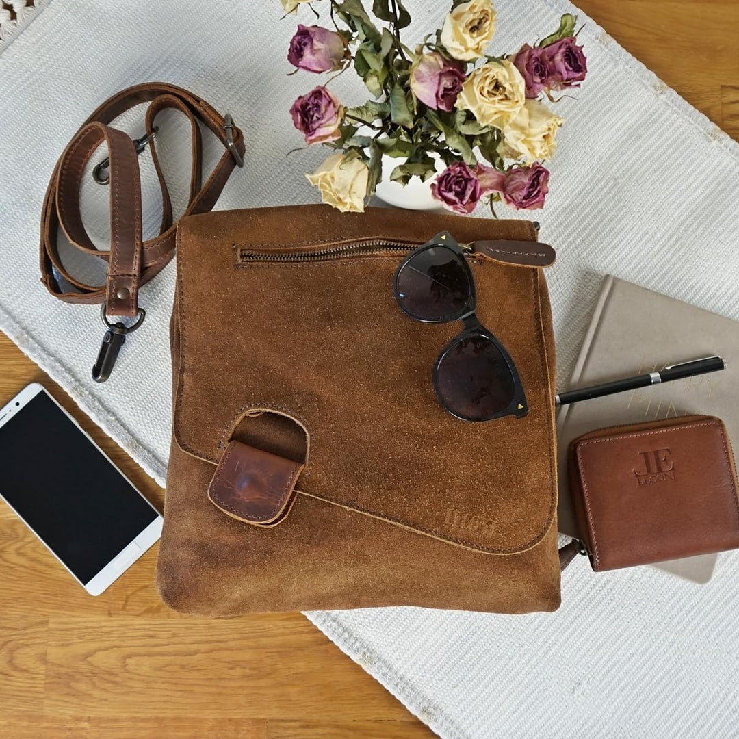 LECONI Umhängetasche für Damen Crossbag Veloursleder Echtleder Natur Damentasche Schultertasche Lede