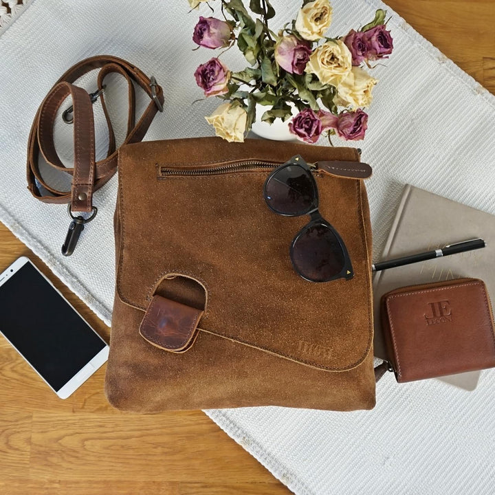 LECONI Umhängetasche für Damen Crossbag Veloursleder Echtleder Natur Damentasche Schultertasche Lede
