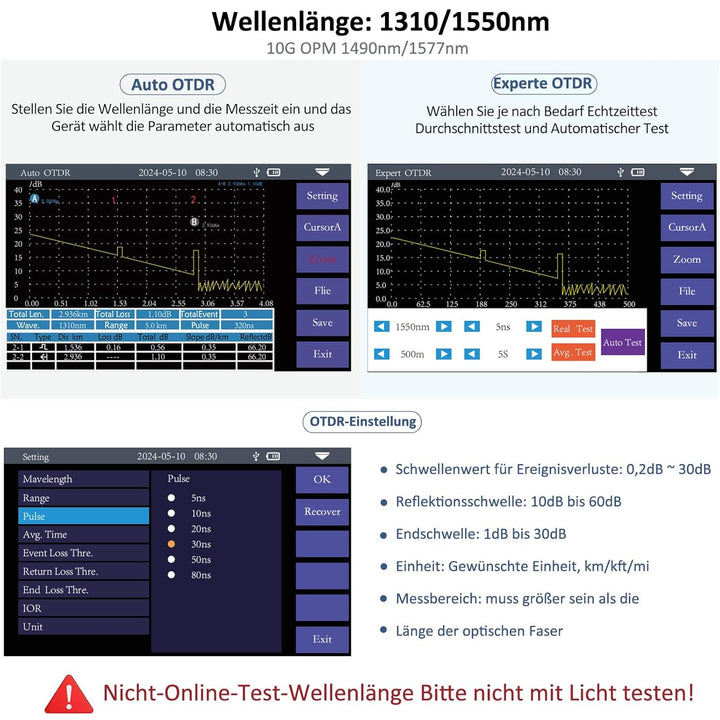 16-in-1 OTDR Optical Fiber Tester 1310/1550nm, 11cm Touchscreen und Event Map OLT (Optical Loss Test