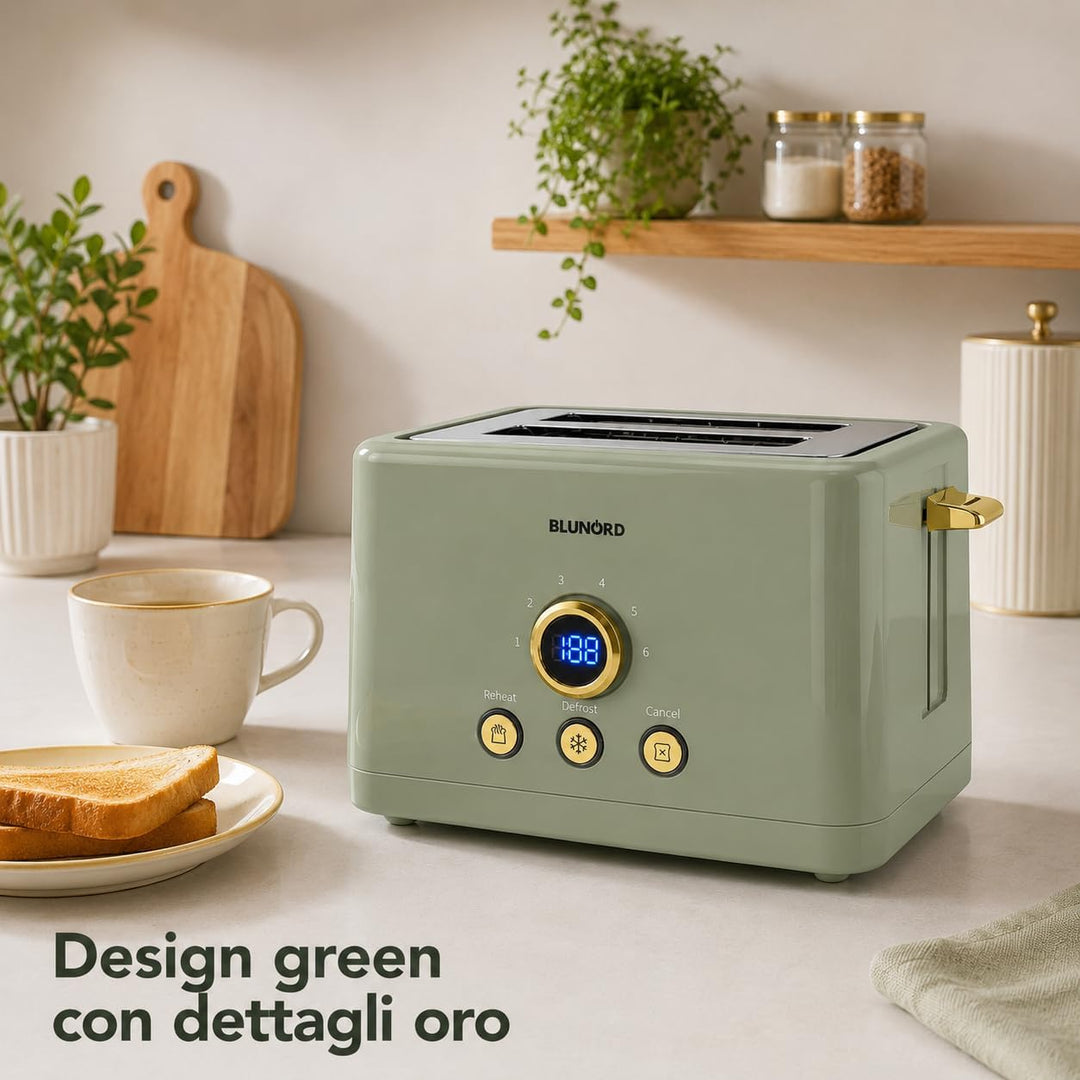 Toaster mit 2 Scheiben, digital, grün, 750 – 850 W, LED-Display, 6 Bräunungsstufen, Auftau- und Aufw