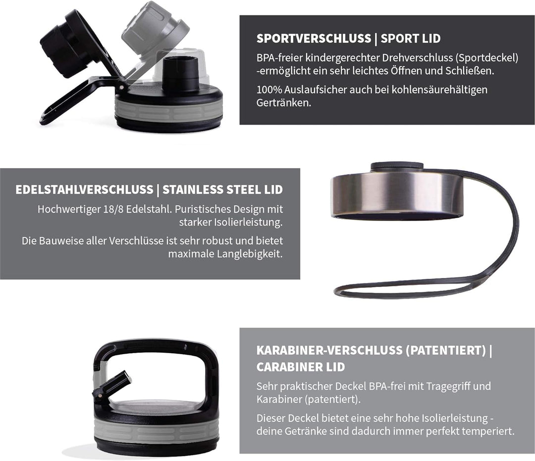 hydro2go ® Edelstahl Trinkflasche X-AlpsBottle - 1000ml / 1l | vakuumisolierte Thermosflasche + 3 Tr