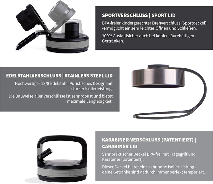 hydro2go ® Edelstahl Trinkflasche X-AlpsBottle - 1000ml / 1l | vakuumisolierte Thermosflasche + 3 Tr