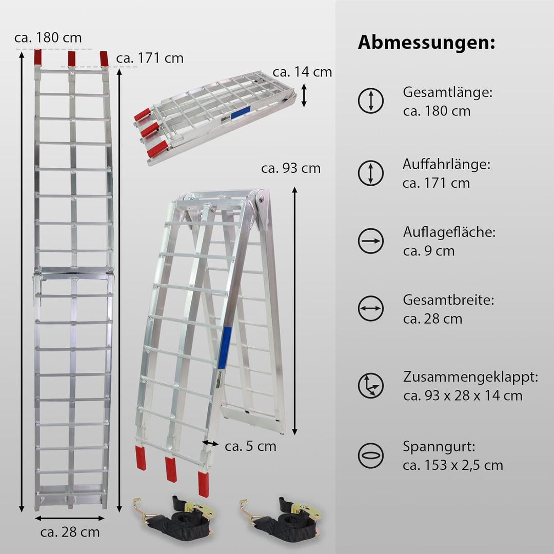 TRUTZHOLM 2 x Auffahrrampe klappbar 180 cm Traglast 680 kg Alu grau geriffelte Einzelstäbe Verladera