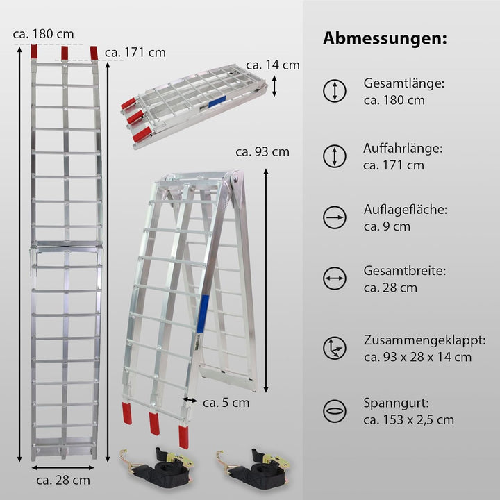 TRUTZHOLM 2 x Auffahrrampe klappbar 180 cm Traglast 680 kg Alu grau geriffelte Einzelstäbe Verladera