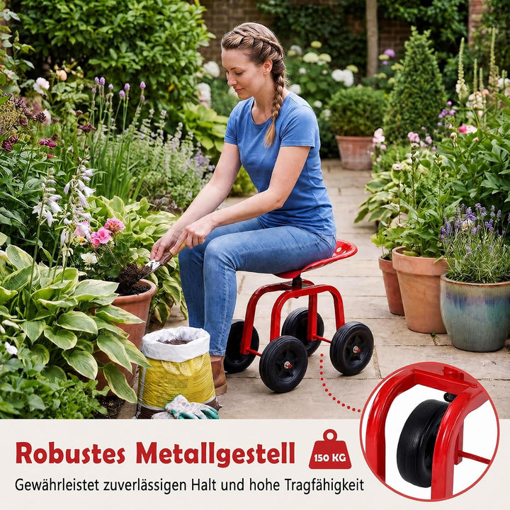 GYMAX Gartenhocker mit Rollen, bis 150kg Belastbar, Rot, Rot