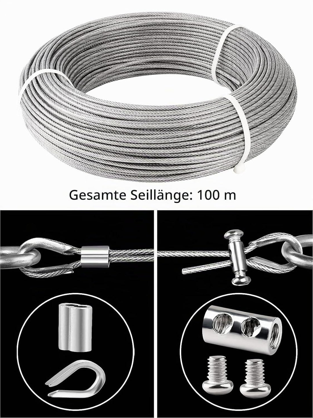 TooTaci Drahtseil 3mm Edelstahl,Stahlseil 3mm ummantelt,100M Edelstahlseil,Stahlseil mit ösen Crimph