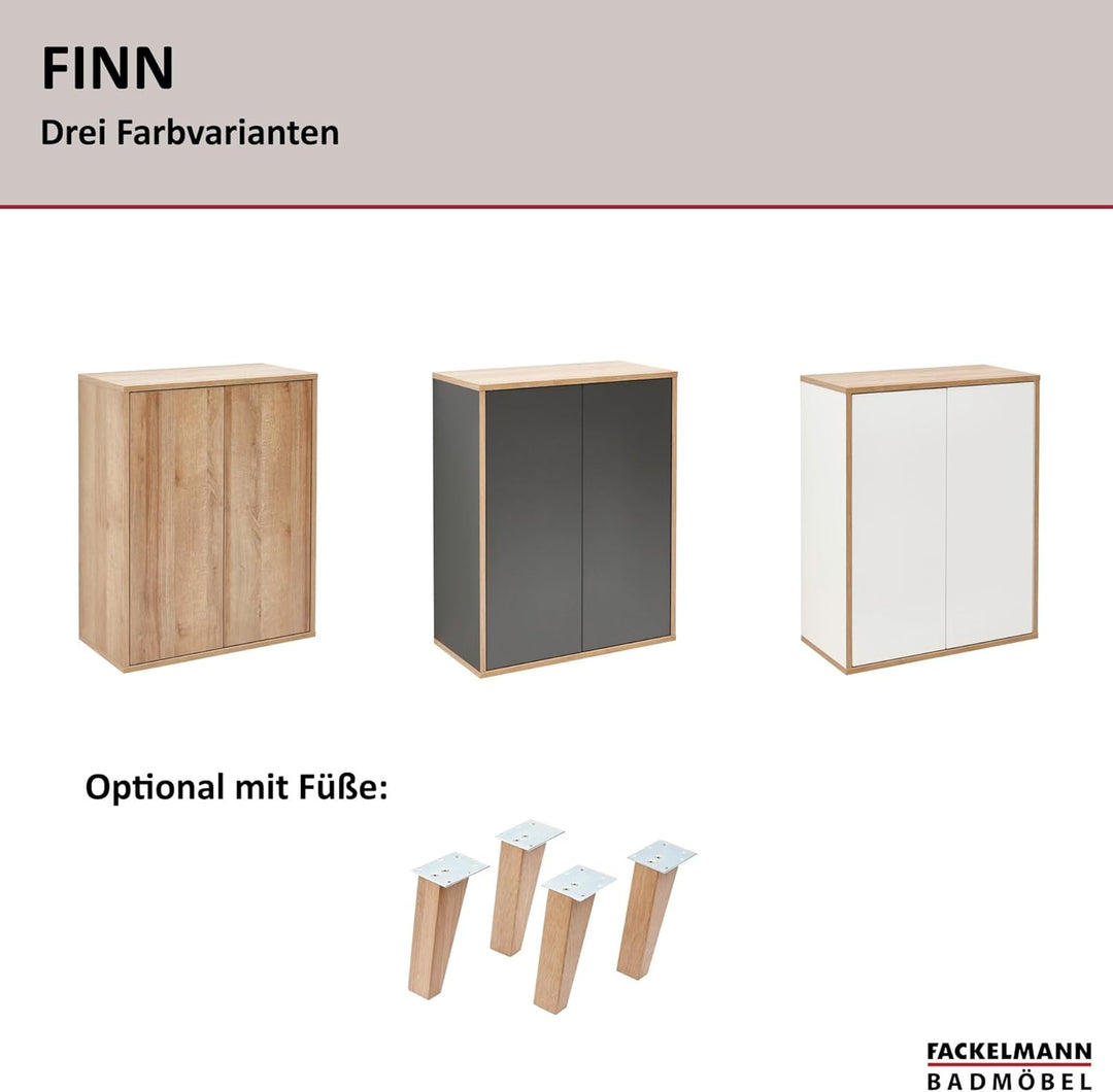 FACKELMANN Finn Midischrank (60 x 75 x 30,5 cm) – Badezimmerkommode mit 2 Einlegeböden aus Glas – Ba