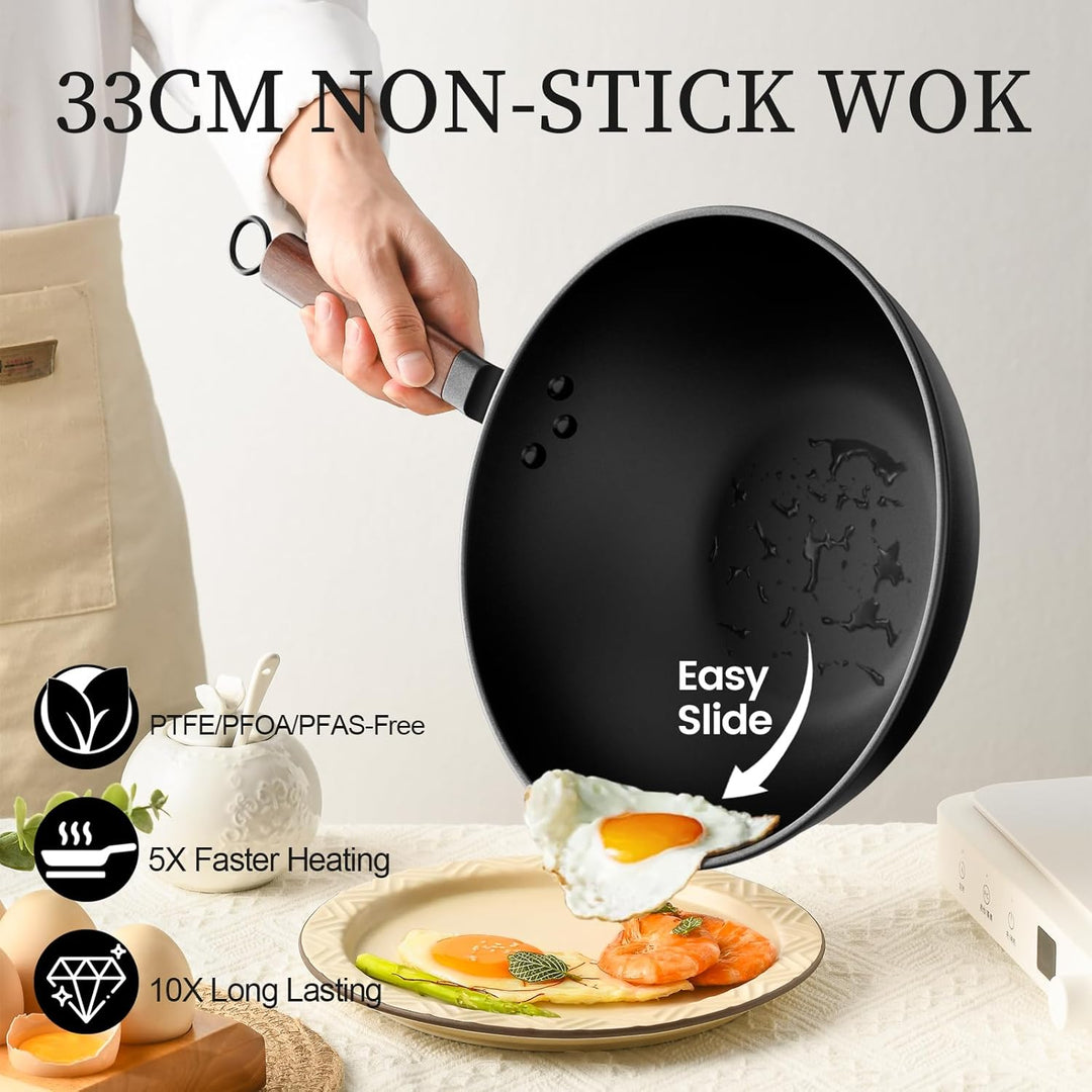 Jobin 33cm/13inch Premium Wokpfanne mit Glasdeckel - Kohlenstoffstahl Wok ohne chemische Beschichtun
