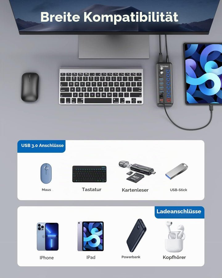 WENTER USB Hub 3.0 Aktiv, 11 Ports 36W (12V / 3A) Netzteil, USB 3.0 Mehrfach Ports Verteiler mit LED