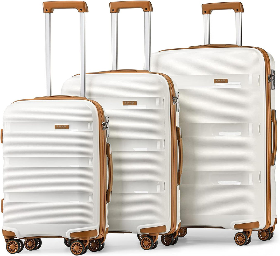 KONO Koffer Trolleys Klein Reisekoffer mit Rollen und TSA Schloss 3er Koffer Set Creme Weiss