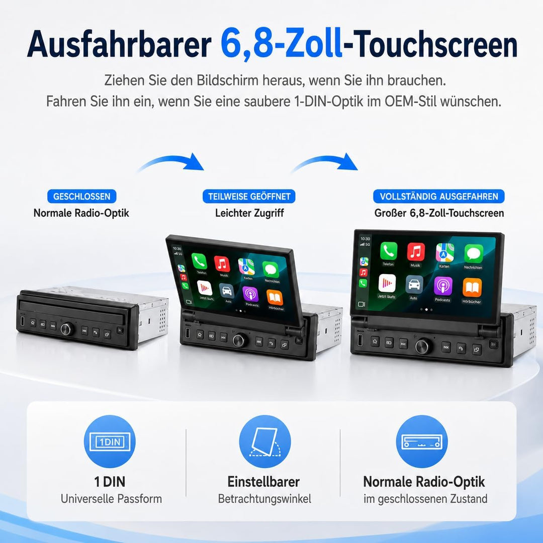 1 DIN Autoradio mit 6,8 Zoll ausfahrbarem Touchscreen, Linux System, Wireless CarPlay Android Auto,