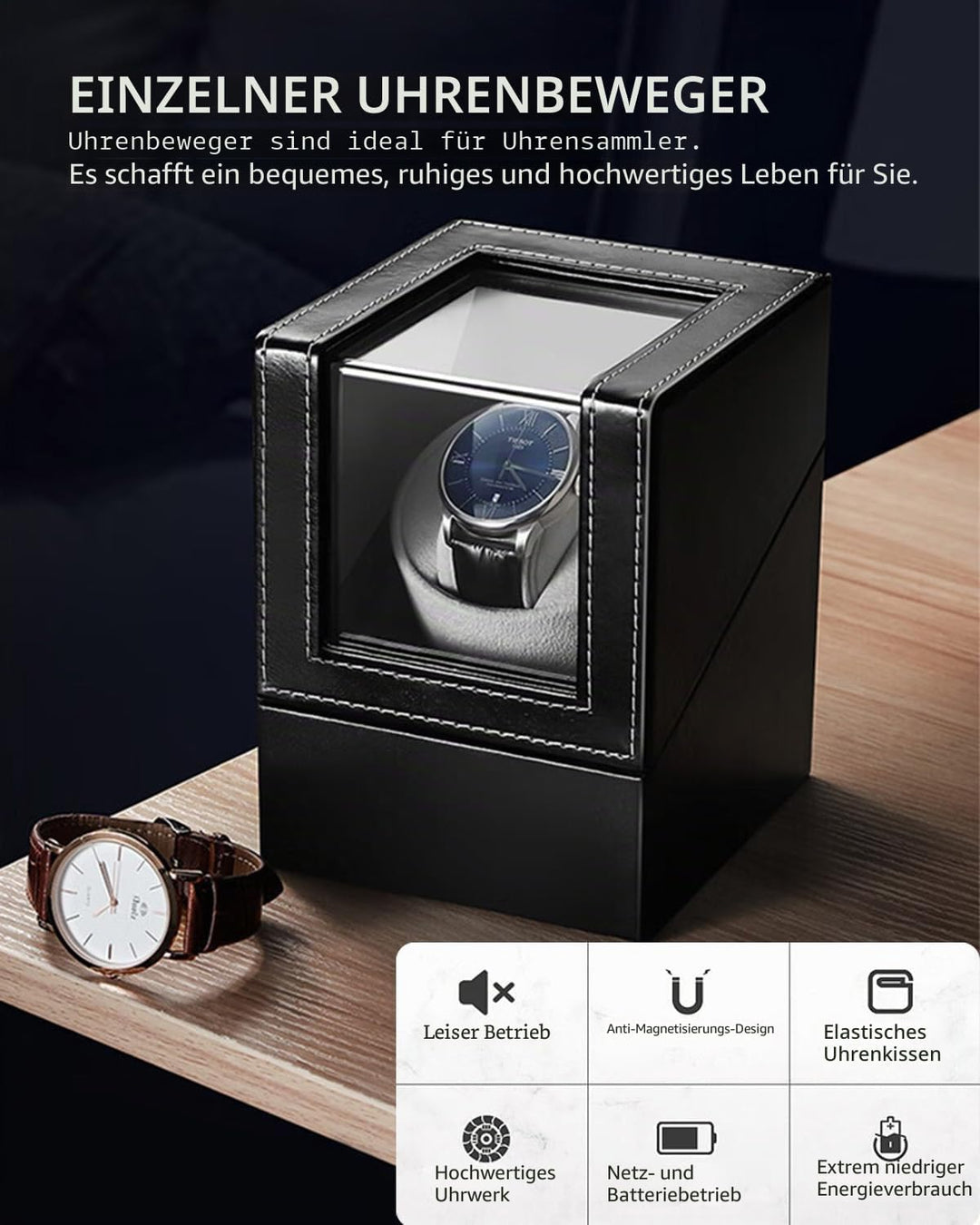 Automatische Uhrenbeweger Box, einzelnes Uhrenbeweger-Uhrengehäuse mit leisem Motor, Kohlefaser-Uhre
