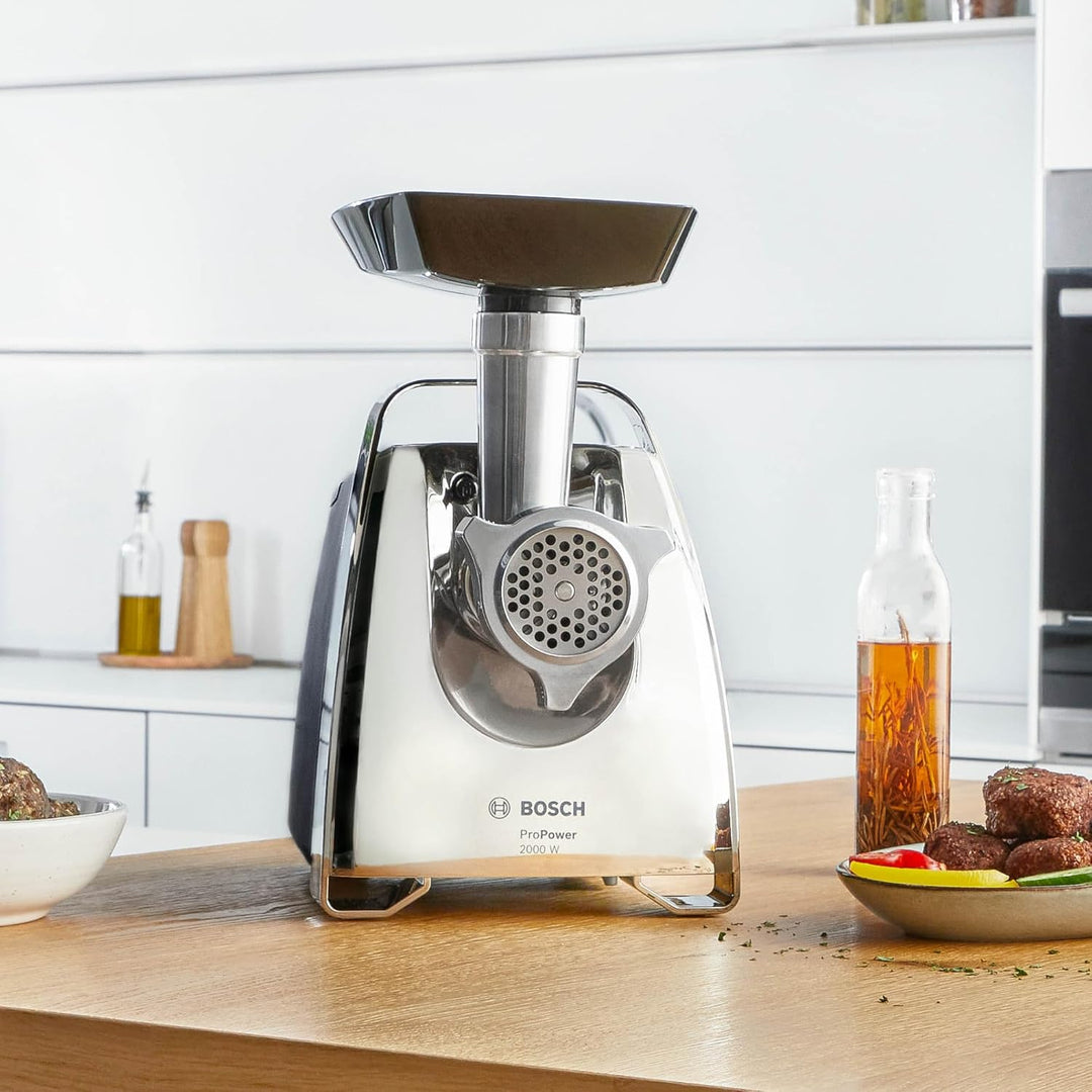 Bosch Hausgeräte Fleischwolf ProPower MFW67440, Wurstaufsatz, 3 Edelstahl Loch-Scheiben (3, 4,8 +8mm