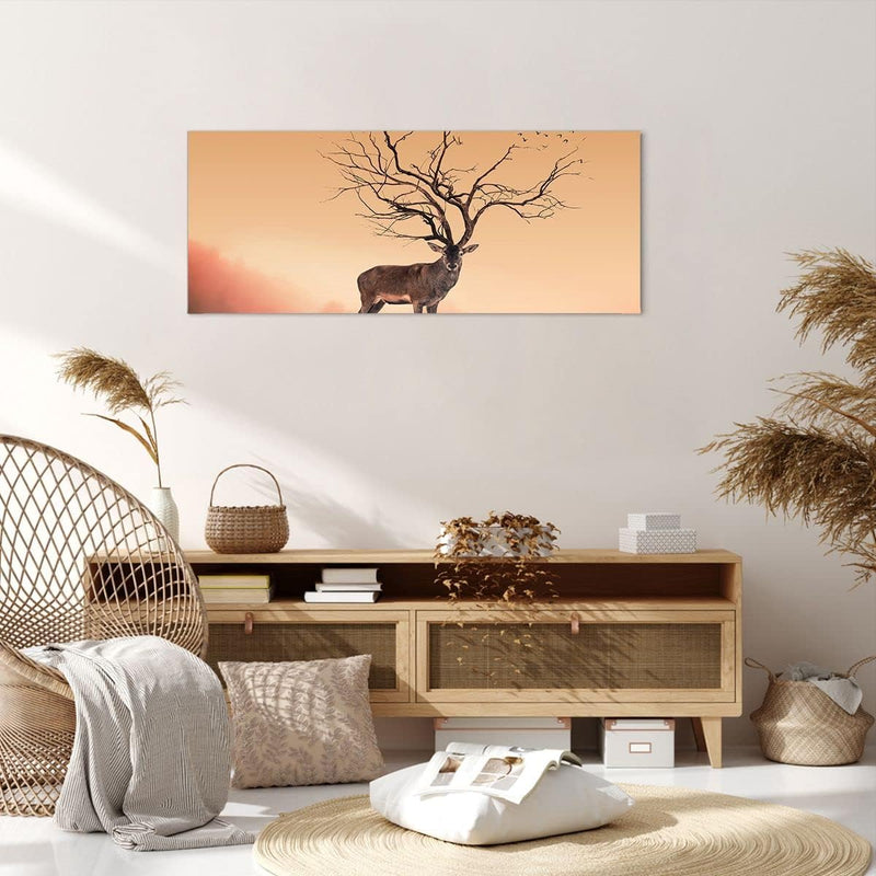 Wandbilder Dekoration Wohnzimmer Hirsch Baum Nebel Wald Panorama Bilder auf Leinwand 120x50cm Leinwa