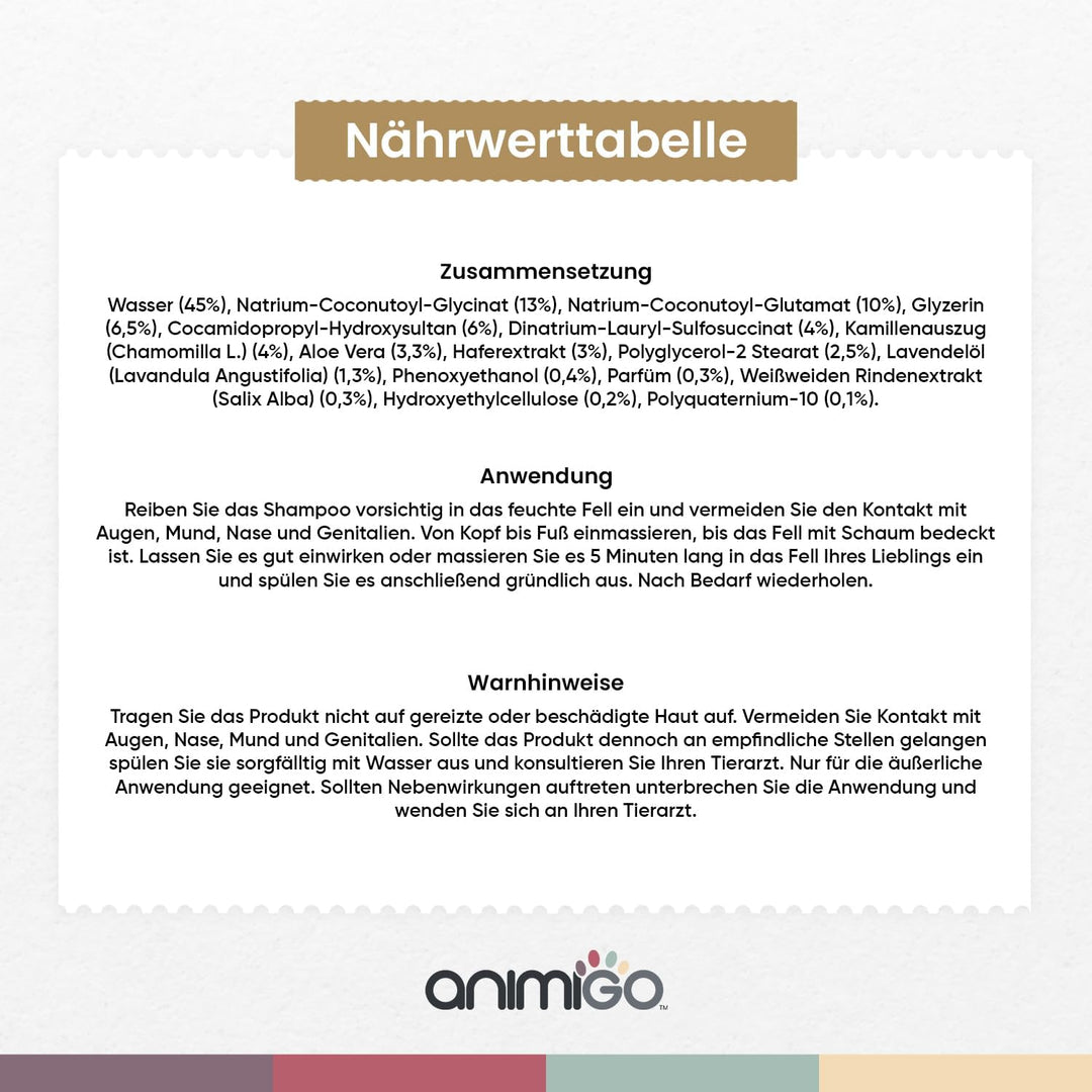 animigo Pflege & Anti-Juckreiz Shampoo - Für Haut, Fellpflege, Juckreiz - 500ml Hunde & Katzenshampo