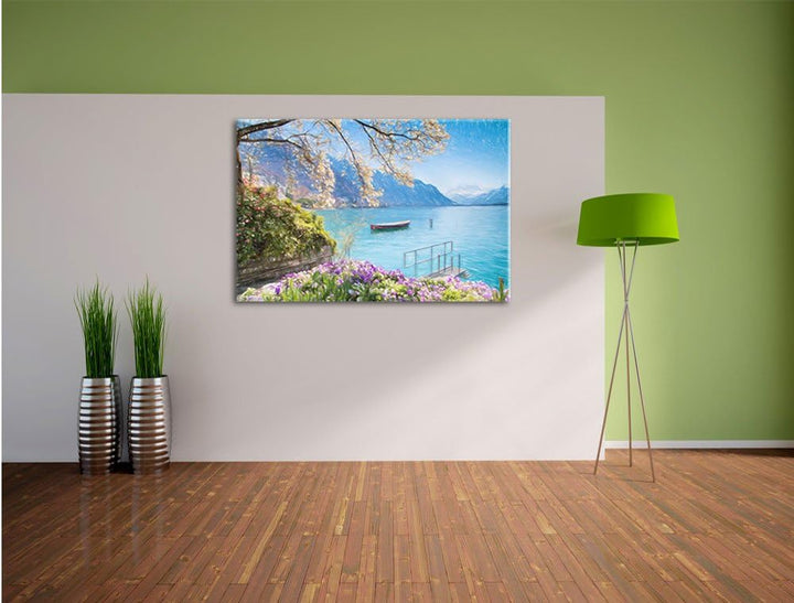 Pixxprint Genfer See im Sonnenschein als Leinwandbild/Grösse: 100x70 cm/Wandbild/Kunstdruck/fertig b