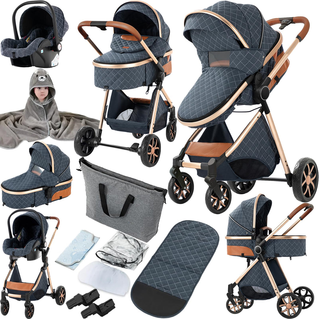 Prokoke Kinderwagen 3 in 1, Buggy mit Umkehrbarem Zwei-Wege-Schub, Kinderwagen Rahmen Aluminiumlegie