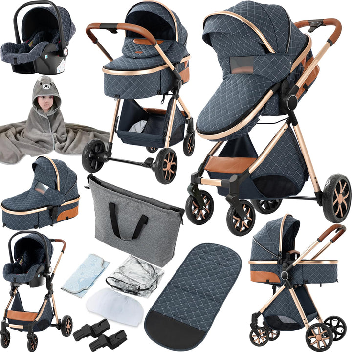 Prokoke Kinderwagen 3 in 1, Buggy mit Umkehrbarem Zwei-Wege-Schub, Kinderwagen Rahmen Aluminiumlegie