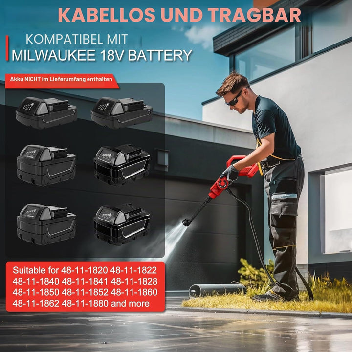 Akku Hochdruckreiniger für Milwaukee 18V Akkus (Ohne Akku), Bürstenloser Motor 6-in-1 Düse, Nylon Ge
