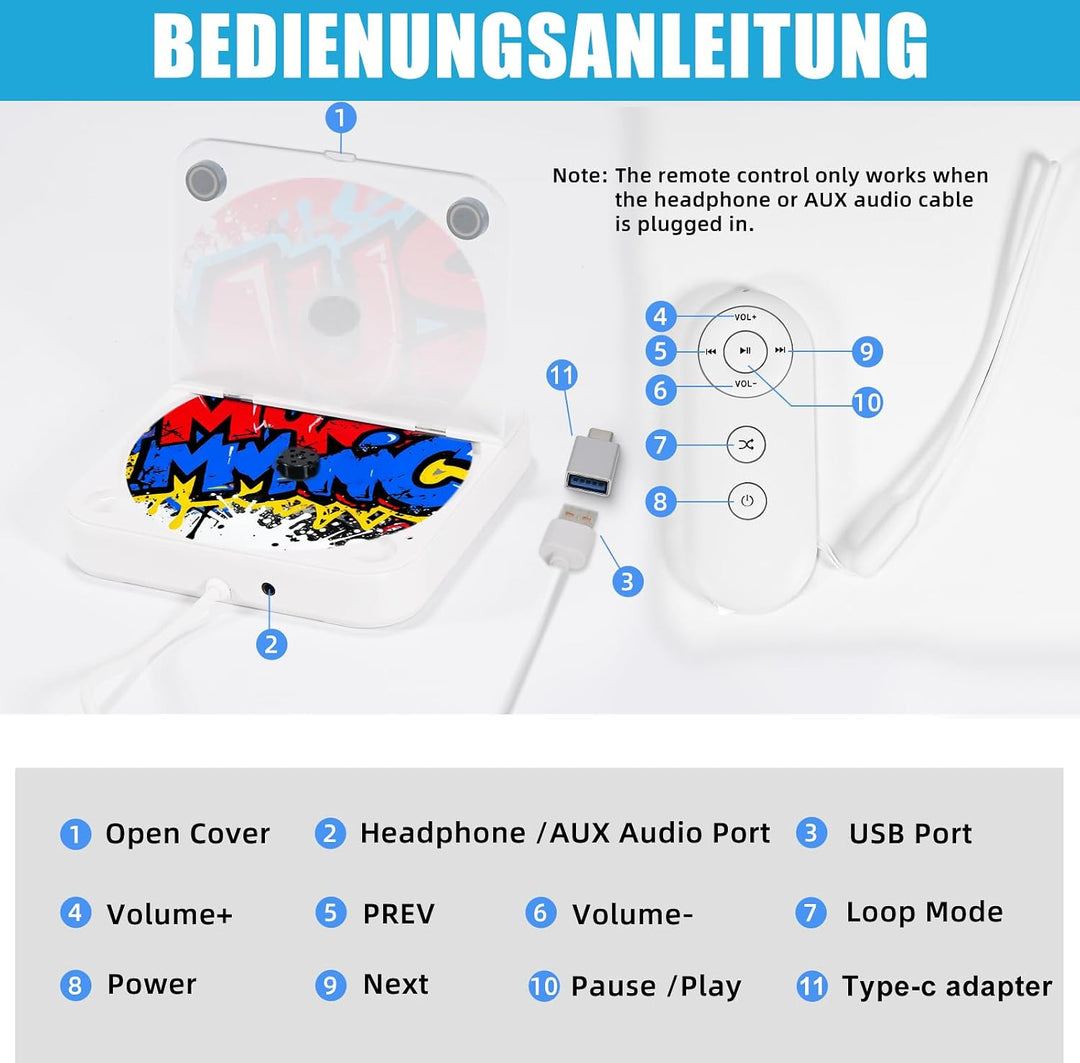 Externer CD Player für Auto mit USB/AUX Anschluss, Plug & Play | Stossfestes Design | Breites Anwend